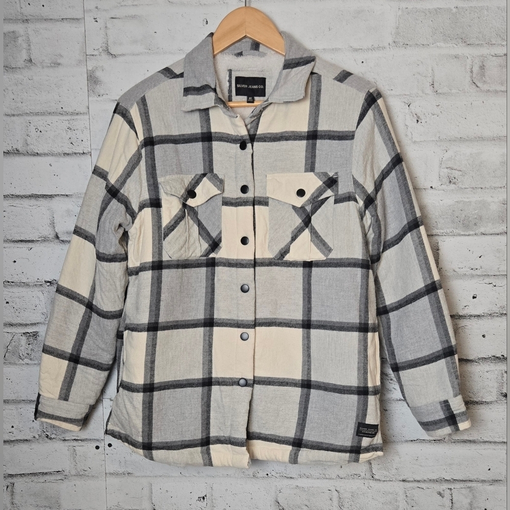 Silver Jeans Plaid Sherpa Lined Shacket Jacket Cozy Neutral Medium
